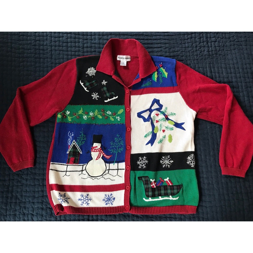 Vtg 80s Christmas Sweater Holiday Red Alfred Dunner XL Button Up Grandmacore